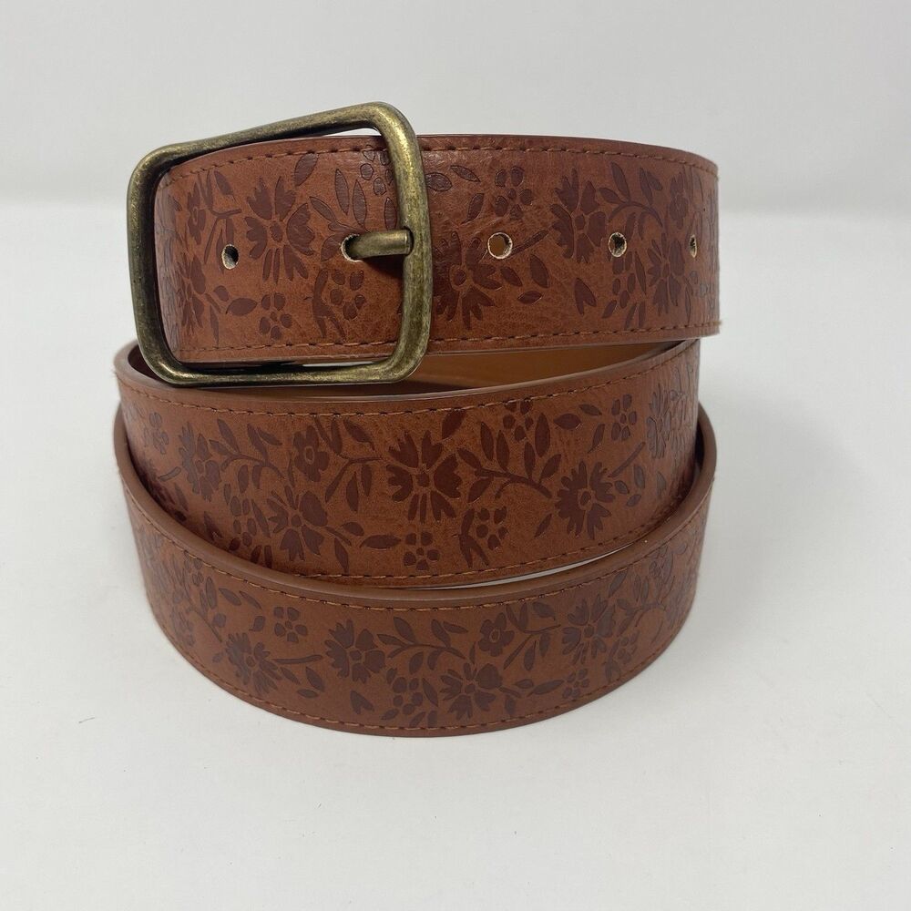 Womens 48 Brown Leather Embossed Floral Western Belt Gold Buckle Cowgirl Rodeo